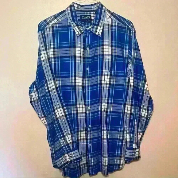 CHAPS Button Up Shirt Easy Care Twill Blue/White Plaid Mens Size X-Large - Picture 2 of 6